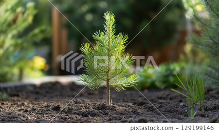 Small pine sapling begins its long journey towards maturity 129199146