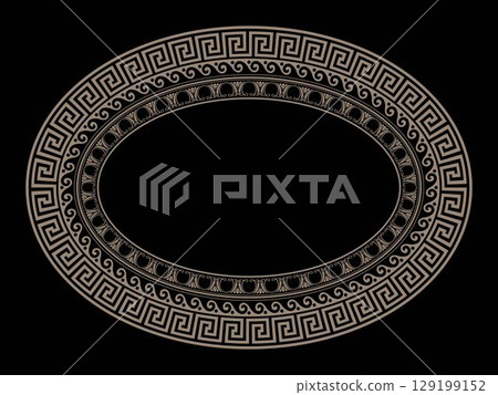 Vintage oval frame in Greek style. Greek meander. Mediterranean porcelain plate with gold pattern. Oval frame with floral European pattern. Frame with pattern for oval ceramics, textiles 129199152