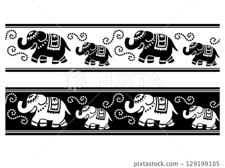 Oriental elephant procession. Ornamental border set. Seamless pattern. 129199185