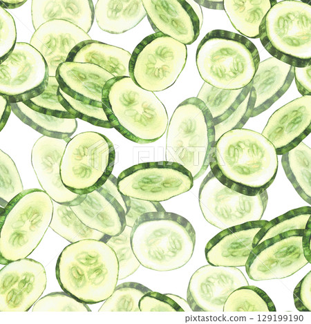 Watercolor slices of cucumber with seeds seamless pattern. Fresh vegetable sliced round pieces, cut cucumber circles. Realistic hand drawn illustration fabric, packaging, salads. Isolated background Watercolor slices of cucumber with seeds seamless pattern. Fresh vegetable sliced round pieces, cut cucumber circles. Realistic hand drawn illustration fabric, packaging, salads. Isolated background 129199190
