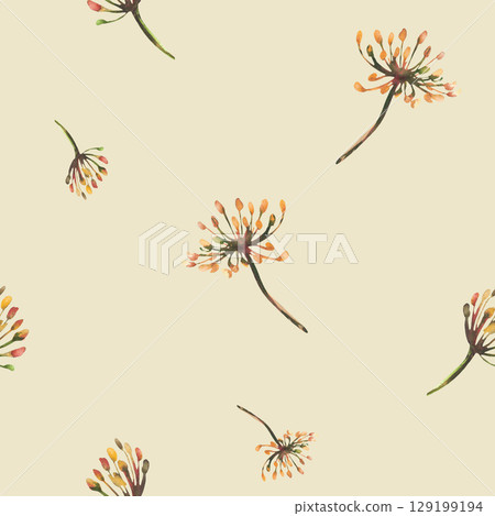 Dill or fennel dried flowers seamless pattern. Watercolor painted illustration. Sprigs of dry herbs with seeds, inflorescence, umbrella. Clipart for herbal summer fabric on isolated beige background  129199194