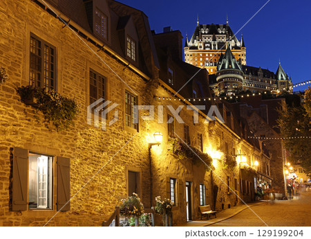 Old Quebec City Street illuminated at night, Canada 129199204