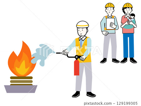 Illustration of an image of people practicing using fire extinguishers in fire drills, fire drills, evacuation drills, disaster prevention drills, and firefighting drills 129199305
