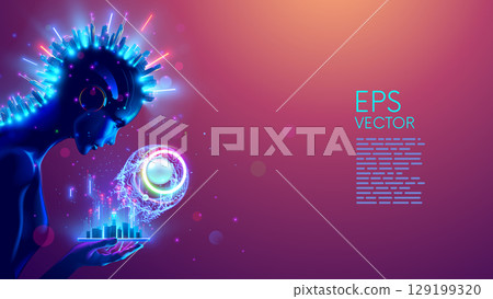 AI agent look at big data hanging over phone in hand. Artificial intelligence technology conceptual banner. Robot or cyborg analys big datum of global infrastructure. A data model of the world for AGI 129199320