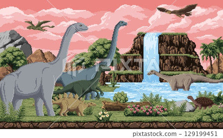 Prehistoric dinosaurs on 8bit pixel art game landscape of Jurassic era, vector background. Dinosaurs, lizards and reptiles in jungle forest in 8 bit pixel landscape with lake for kids dino park game Prehistoric dinosaurs on 8bit pixel art game landscape of Jurassic era, vector background. Dinosaurs, lizards and reptiles in jungle forest in 8 bit pixel landscape with lake for kids dino park game 129199451
