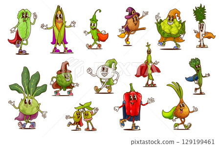Cartoon groovy Halloween wizards vegetable characters and witches veggie food vector personages. Psychedelic groovy onion, pepper, bean and mushroom, olives and corn vegetables in magic capes and hats 129199461