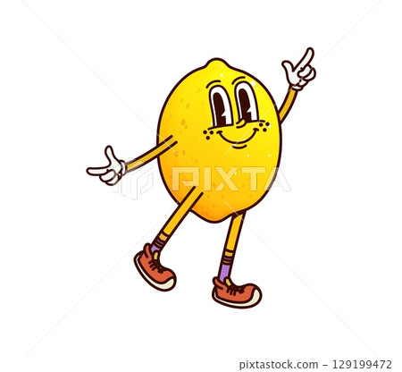 Cartoon groovy lemon fruit character with funny face in happy smile, vector comic personage. Retro cartoon groovy lemon character in hipster shoes with cheerful face and finger gesture for fruit emoji 129199472