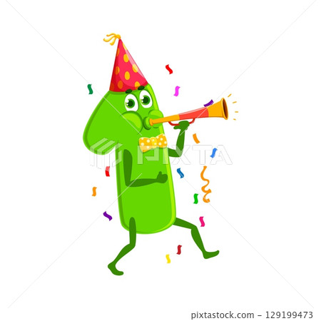 Math number in birthday hat for holiday celebration, cartoon digit character, vector funny personage. Number 1 One character with happy face, blowing pipe with confetti for birthday party celebration 129199473