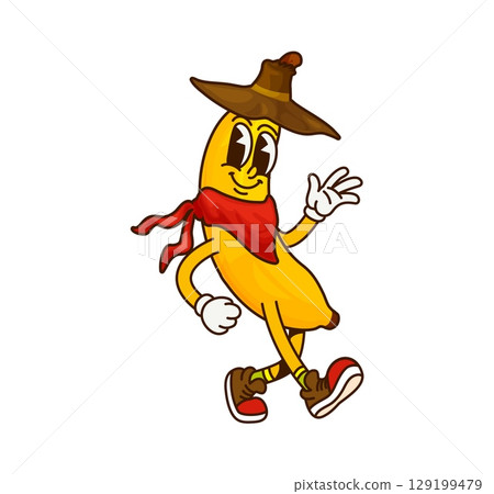 Cartoon groovy banana cowboy or fruit Western bandit, vector funny character. Groovy banana fruit in cowboy sombrero hat and Wild West ranger kerchief, Texas sheriff or funky bandit character 129199479