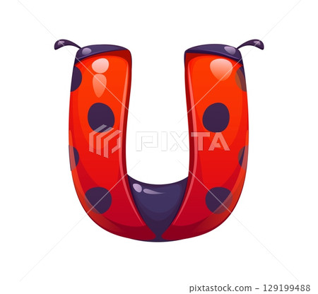 Ladybug cartoon font letter U. Spring ladybird kids ABC typeface sign, garden lady bug vector English alphabet type symbol. Cute ladybug beetle typeset element or cartoon font letter 129199488