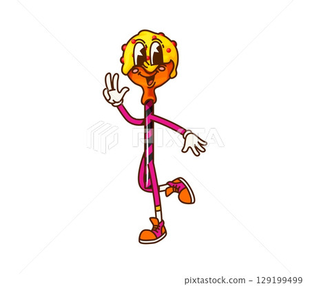 Cartoon groovy Halloween lollipop sweet candy character. Isolated vector funny holiday pastry personage, confectionery on stick with cute smiling face, topping and sprinkles. Kids trick or treat party 129199499