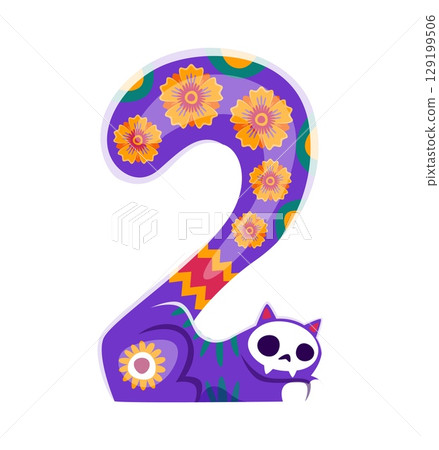 Day of the Dead font dead cat skull, marigold ornament digit 2 two. Mexican death holiday font vector digit, Dia de Los Muertos typeface numeral symbol. Day of the Dead carnival typeface number 129199506
