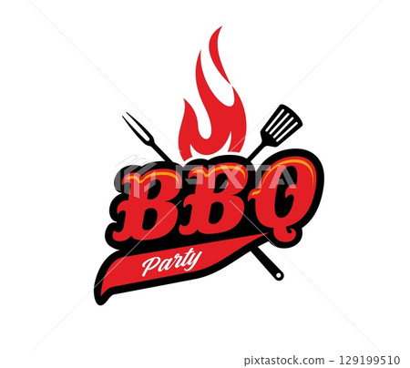 BBQ barbeque grill icon with crossed spatula, fork and burning fire flame. Vector black and red emblem or badge for barbecue party, restaurant service, label for cooking event, outdoor celebration 129199510