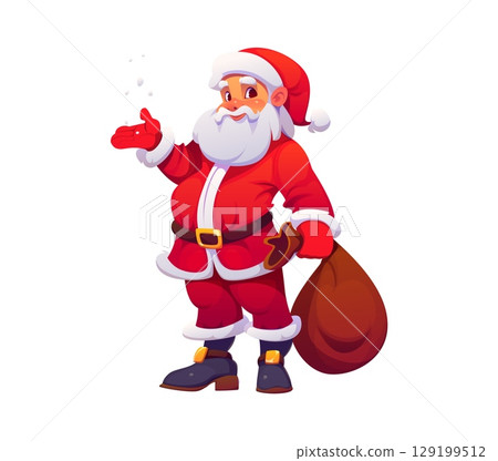 Cartoon Christmas Santa character with holiday gift bag. Vector joyful Santa Claus in a traditional red attire, holding brown sack, exudes festive cheer, ready for presents delivery and celebration 129199512