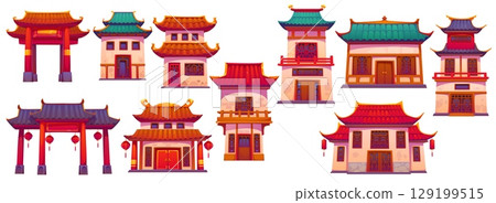 Chinese buildings, China town gates, houses and ancient temples, vector asian architecture. Cartoon pagoda buildings of chinese city or chinatown, shrine gate torii, ceramic tile roof and wood doors 129199515