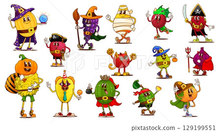 Groovy Halloween fruit characters in whimsical costumes celebrating party. Vector melon, grapes, pear, dragon fruit and durian with pumpkin head. Lychee, feijoa, bergamot and carambola with orange 129199551