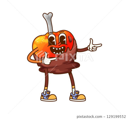 Cartoon groovy Halloween apple with bone character. Vector sweet fruit candy with caramel or chocolate sauce. Isolated confection spooky sweets, trick or treat party scary confectionery with y2k vibe Cartoon groovy Halloween apple with bone character. Vector sweet fruit candy with caramel or chocolate sauce. Isolated confection spooky sweets, trick or treat party scary confectionery with y2k vibe 129199552