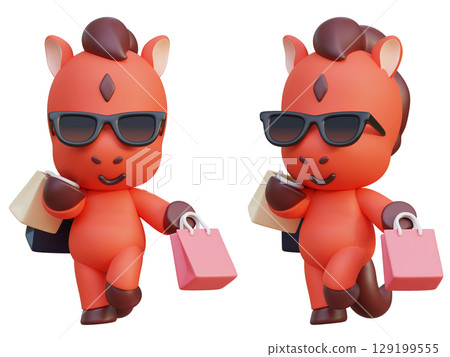 cartoon style 2026 new year red horse character holding a shopping bag cartoon style 2026 new year red horse character holding a shopping bag 129199555