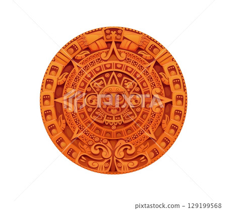 Aztec Inca Maya Mexican game icon asset. Vector circular astrological calendar, ancient round stone with hieroglyph symbols and face showing a tongue. Aztec culture, religion and tradition sculpture 129199568