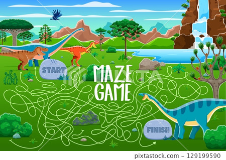 Kids labyrinth maze game to help dinosaur to find his friends in Jurassic forest, cartoon vector. Labyrinth maze quiz game worksheet for kids to find way or road for funny T Rex to his dino friends Kids labyrinth maze game to help dinosaur to find his friends in Jurassic forest, cartoon vector. Labyrinth maze quiz game worksheet for kids to find way or road for funny T Rex to his dino friends 129199590