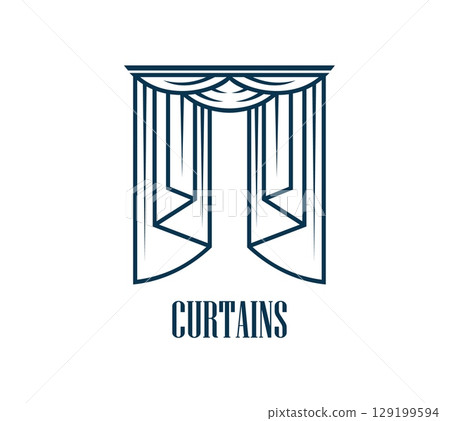 Curtains icon for opera theater or concert hall and musical show, vector line symbol. Curtain with drape folds in outline icon for theater, opera theatrical play, variety show and textile design salon 129199594
