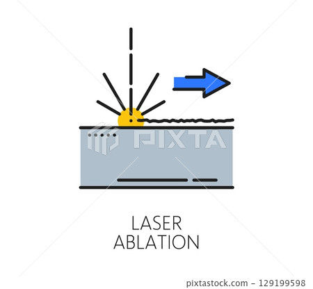 Laser cutting line icon of laser ablation machine with CNC technology, vector symbol. Laser cutting line icon of ablation with laser blast device or processing tool and photoablation equipment 129199598