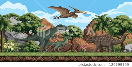 8 bit pixel art prehistoric dinosaurs and reptiles in Jurassic forest, vector game landscape background. Prehistoric dinosaurs, lizards or reptiles and pterodactyl in cartoon 8 bit pixel landscape 129199599