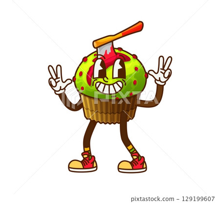 Cartoon groovy Halloween cupcake with axe and juice sweet candy character. Vector traditional festive bakery with ax in head and blood. Cute spooky muffin retro personage for kids trick or treat party 129199607