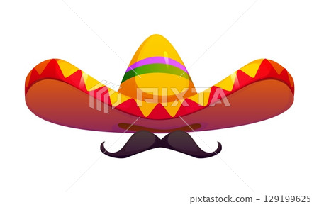 Mexican national holiday symbol of sombrero hat with mustaches, cartoon vector. Mexican mariachi musician sombrero hat with ethnic ornament for holiday fiesta or cuisine festival and Mexico carnival Mexican national holiday symbol of sombrero hat with mustaches, cartoon vector. Mexican mariachi musician sombrero hat with ethnic ornament for holiday fiesta or cuisine festival and Mexico carnival 129199625