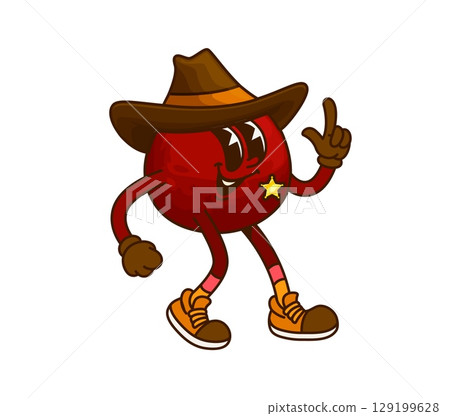 Cartoon groovy fruit sheriff or cowboy and Western bandit, vector character. Funny groovy fruit in cowboy hat with Wild West sheriff star badge, Western ranger and Texas wrangler character from saloon 129199628