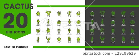 Cactus succulent line icons of cacti plants with flowers in flowerpots, vector set. Succulent cactus line icons of opuntia with aloe vera and prickly saguaro or agave plant for gardening or home decor Cactus succulent line icons of cacti plants with flowers in flowerpots, vector set. Succulent cactus line icons of opuntia with aloe vera and prickly saguaro or agave plant for gardening or home decor 129199629