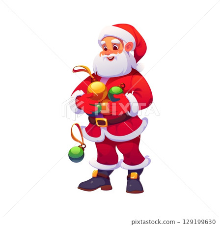 Santa Claus cartoon character with Christmas tree decoration baubles, vector personage. Happy Santa character with Xmas tree balls in hands for Merry Christmas and New Year winter holiday greetings 129199630