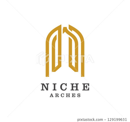 Niche arch icon of door or window for interior architecture design or house furniture, vector emblem. Niche arch icon of old castle door or palace building window glass frame of antique entrance 129199631