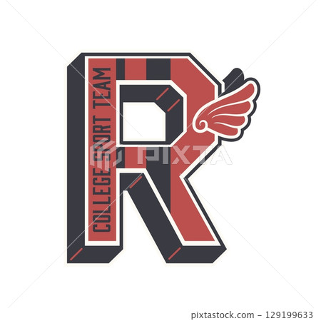 Varsity sport patch for college team players or university league, vector label. Varsity patch of letter R with wings for rugby, soccer football or baseball and basketball sport club or players team Varsity sport patch for college team players or university league, vector label. Varsity patch of letter R with wings for rugby, soccer football or baseball and basketball sport club or players team 129199633