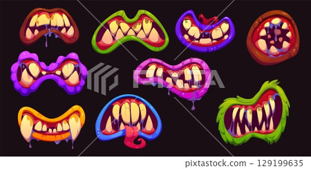 Halloween scary and creepy drool monster grin jaws and mouths with dripping saliva, exaggerated, monstrous teeth, some with tongues sticking out. Cartoon vector set of creepy maws of aliens or zombies 129199635