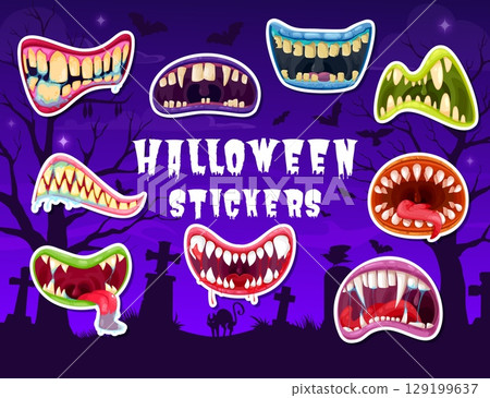 Halloween scary drool monster jaws stickers pack. Vector patches of cartoon monstrous mouths with exaggerated, sharp teeth, some dripping with saliva on spooky graveyard with bats, cat and gravestones 129199637