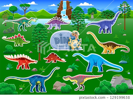Prehistoric dinosaur characters stickers pack. Cartoon vector dino animals in prehistoric landscape. Set of patches featuring diverse species amidst lush greenery, trees and waterfall at Jurassic era 129199638