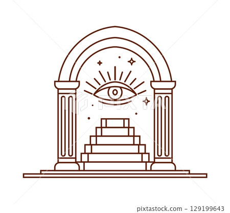 Mystic Boho arch or magic Bohemian doorway with eye and ladder stairs, vector symbol. Boho arch with thin line eye of truth and celestial stars, magic Bohemian door archway for tattoo art or esoteric Mystic Boho arch or magic Bohemian doorway with eye and ladder stairs, vector symbol. Boho arch with thin line eye of truth and celestial stars, magic Bohemian door archway for tattoo art or esoteric 129199643