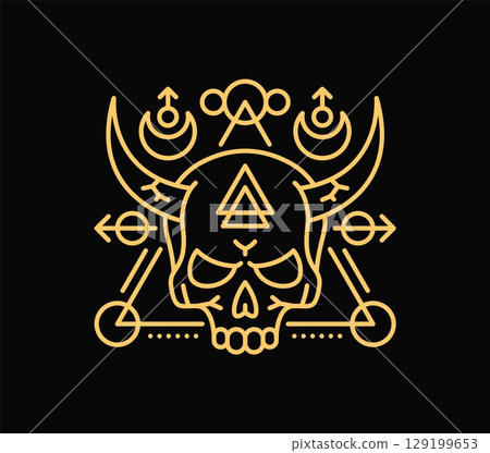 Esoteric line symbol for Tarot cards and mystic Boho tattoo, vector skull occult sign. Astrology magic symbol of skull with devil horns and celestial symbols for Tarot cards, esoteric and witchcraft Esoteric line symbol for Tarot cards and mystic Boho tattoo, vector skull occult sign. Astrology magic symbol of skull with devil horns and celestial symbols for Tarot cards, esoteric and witchcraft 129199653