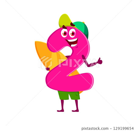 Cartoon math number or digit character on summer vacations or beach, vector personage. Funny number 2 Two with surfboard and beach hat, happy smile on face and thumb up gesture for cartoon character 129199654