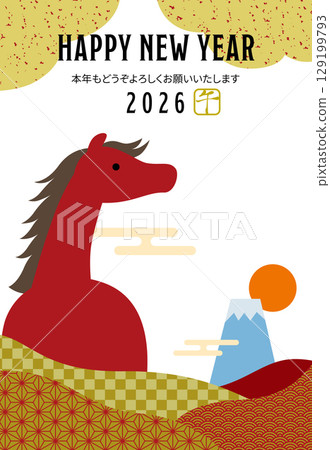 2026 年馬年新年賀卡，印有馬、富士山和日本圖案 / 垂直 02 129199793