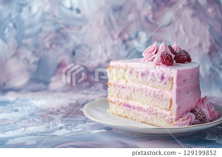 A slice of pink cake with fresh raspberries on a white plate. AI-generated content. 129199852