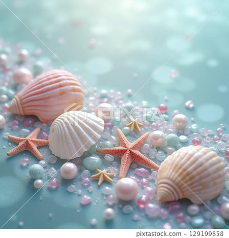 Pastel colored cute starfish and seashell mermaid background 129199858