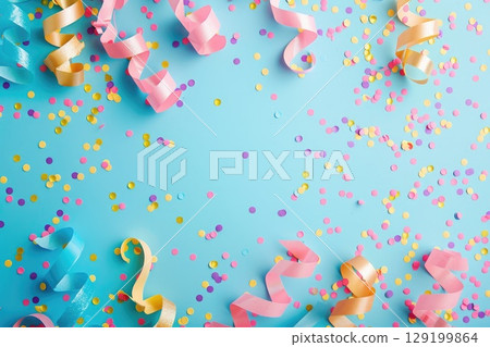 Colorful confetti and vibrant streamers are displayed on a blue background. AI-generated content. 129199864