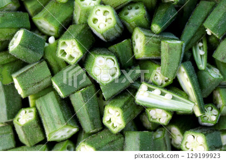Top view of Chopped Fresh Okra in Steel plate 129199923