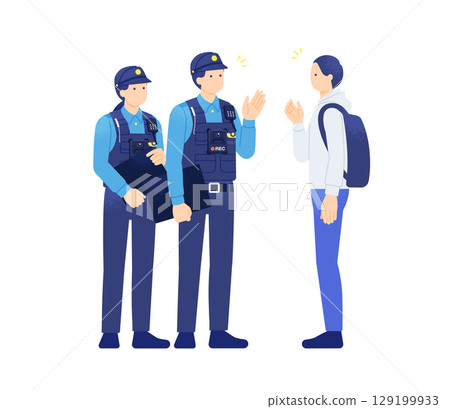 一名女警官和一名男警官正在審問一名年輕男子，同時以穿戴式相機拍攝和錄音 129199933