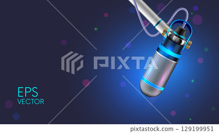 Microphone for Internet streaming and podcasts close-up on a dark background. Microphone for bloggers and journalists on a neon-illuminated bracket. wallpaper with a beautiful glowing microphone. Microphone for Internet streaming and podcasts close-up on a dark background. Microphone for bloggers and journalists on a neon-illuminated bracket. wallpaper with a beautiful glowing microphone. 129199951