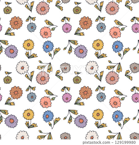 Ditsy floral seamless pattern on white background. Hand drawn vintage backdrop with tiny flowers. Cottagecore texture Ditsy floral seamless pattern on white background. Hand drawn vintage backdrop with tiny flowers. Cottagecore texture 129199980
