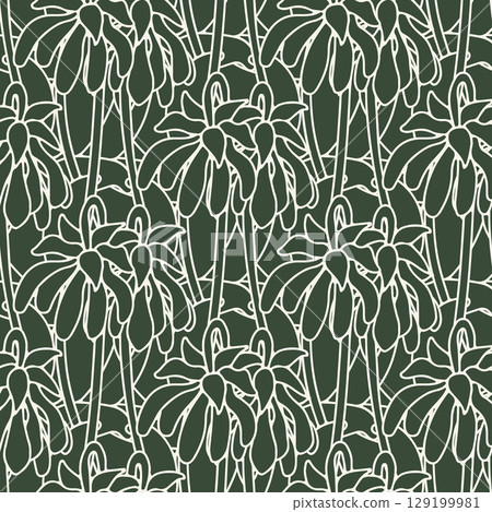 Seamless pattern with green and white canary islands flowers parrot beaks. Monochrome hand drawn floral wallpaper 129199981
