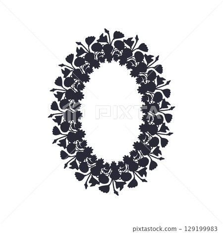 Hand drawn line art canary islands flowers mallow bindweed wreath black silhouette. Card template with cute monochrome floral frame Hand drawn line art canary islands flowers mallow bindweed wreath black silhouette. Card template with cute monochrome floral frame 129199983